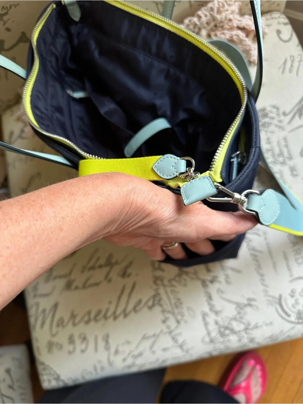 kate spade Navy Shoulder Tote with Mint Handles and Yellow Trim